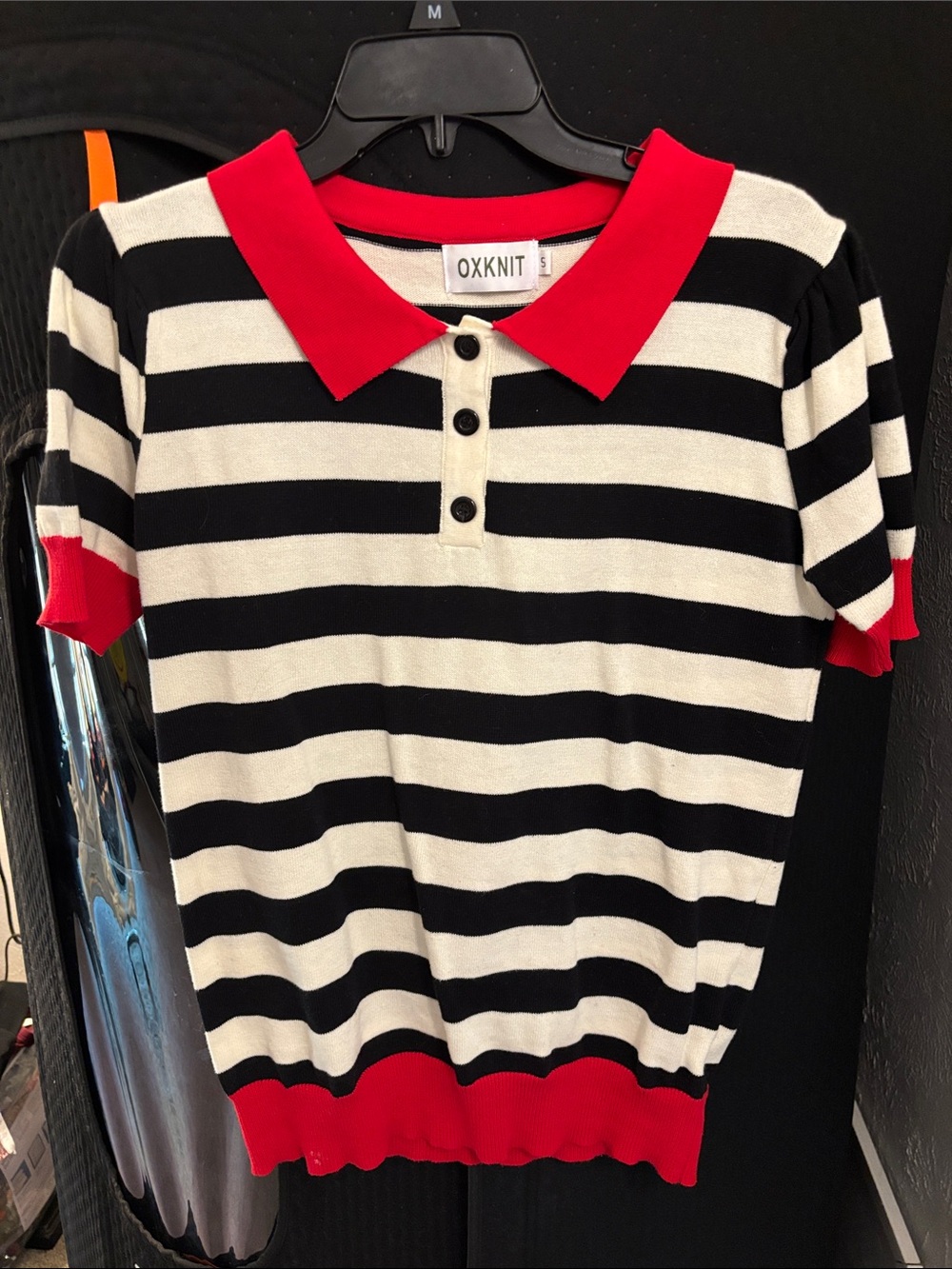 OXKNIT Women’s Black & White Stripe Bubble sleeve Polo with Red Trim